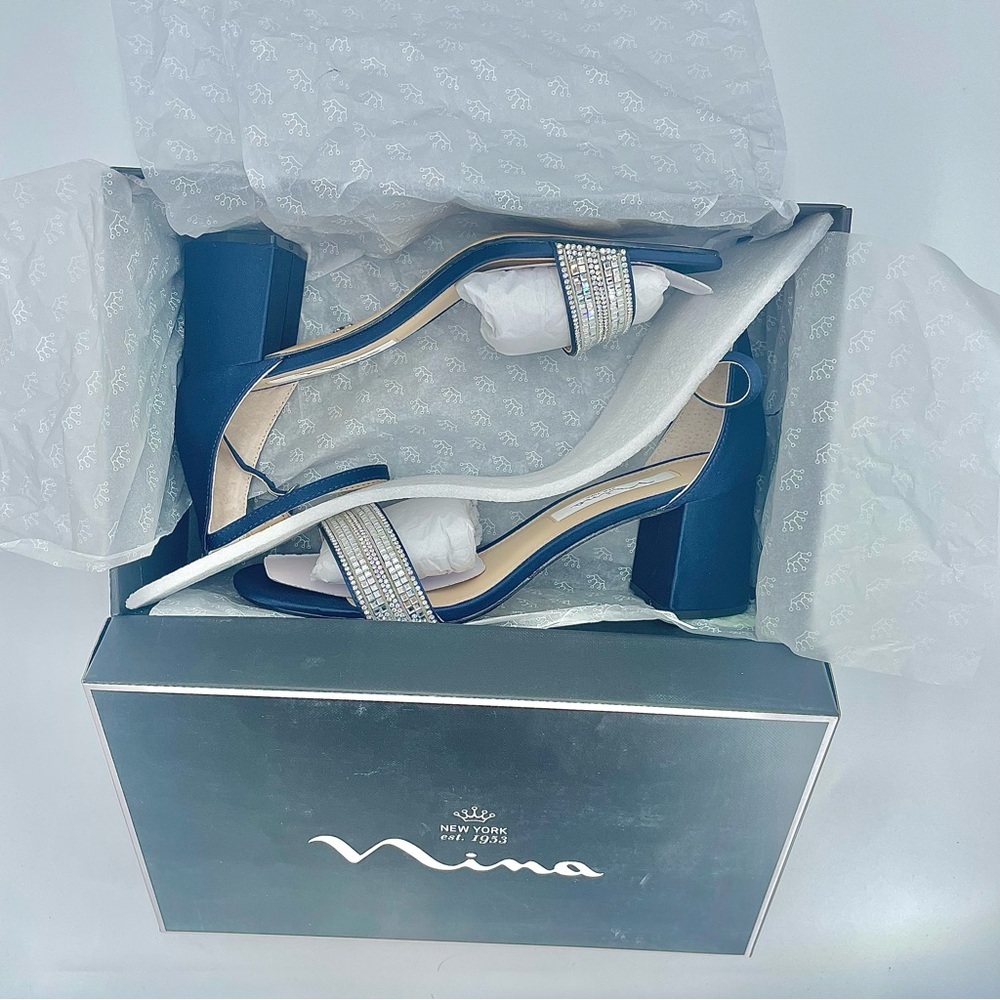 NINA WOMENS NAVY SUEDETTE CRYSTAL BLOCK MID-HEEL ANKLE STRAP DRESS SANDAL NIB! - Picture 15 of 15
